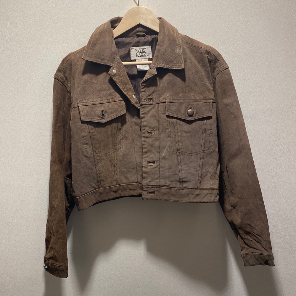 Vintage distressed weathered western trucker jacket brown leather womens large